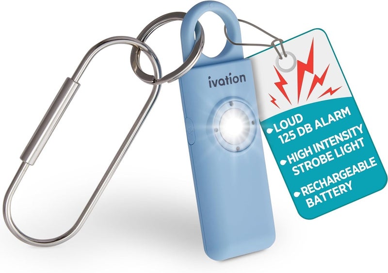 Ivation Personal Rechargeable SOS Alarm, Pocket Size Loud 130dB Sound Safety Siren & LED Panic Strobe Light with Carabiner Keychain Clip for Women, Children & Seniors, Blue - Image 1